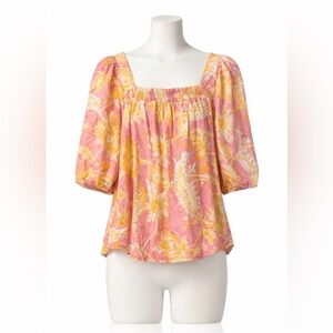 Harvey Bernard Pink Floral Blouse Medium Smocked Square Neck Puff Sleeve Top